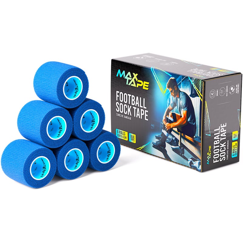 Max Tape Cohesive Bandage Football Sock Tape, Shin Pad Tape 5cm x 4.5m Box of 6 (Blue)